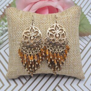 Cute Gold Tone Dangle Bead 3" Drop Earrings Open Work Amber Color & Brown Beads